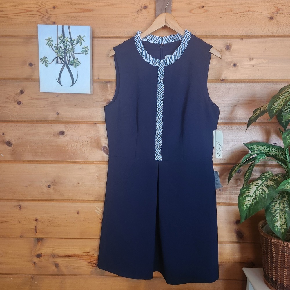 Eliza J NWT Sleeveless Ruffle Trim Fit Flare Knee Dress Navy Pleated Plus Sz 16 - Picture 2 of 11